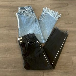 Zara size 4 straight crop jeans medium wash fringe and black studded raw hem